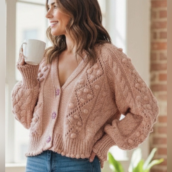 Zara Sweaters - Zara Blush Pink Fuzzy Cable Knit Cardigan with Cute Buttons